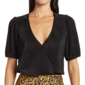 WAYF Surplice Neck Puff Sleeve Bodysuit - Black
